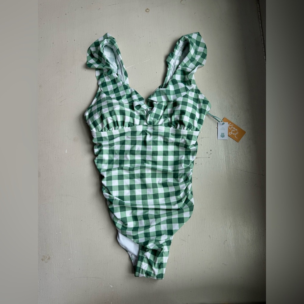 Green Gingham Print Women's One Piece Swimsuit